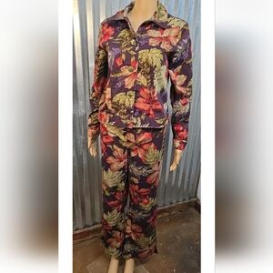 Vintage F.L. Malik Floral Pant Set SZ M/12 Button down Jacket flat front pants